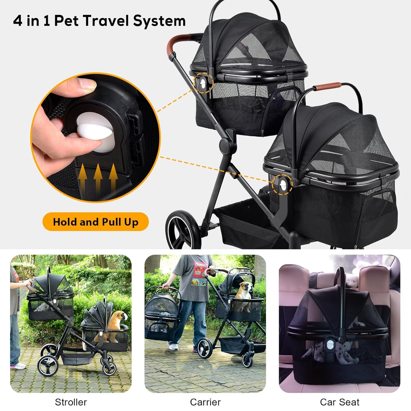 Foldable Double Pet Stroller for 2 Small Medium Cats Dogs, Lightweight Single and Double Integrated Pet Stroller with Detachable Carriers