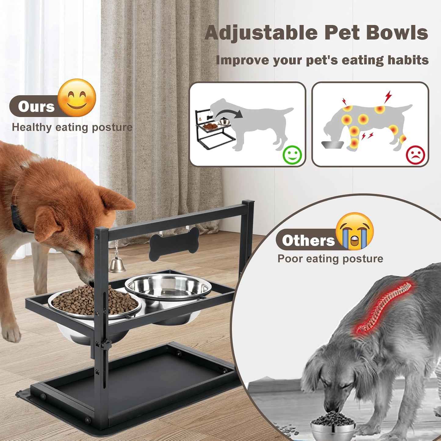 SHAINFUN Elevated Dog Bowls - Slow Feeder, Raised Stand with Two 1700ML Stainless Steel Bowls, Spill Proof Mat for Large & Medium Dogs