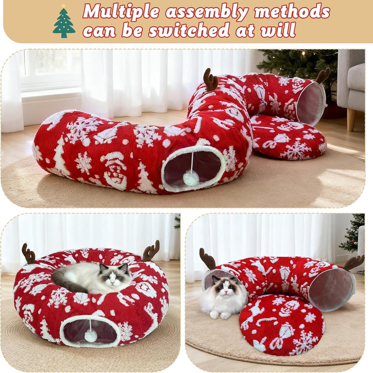 Cat Tunnel Bed for Indoor Cats, Soft Plush Donut Peekaboo Cat Cave, Multifunctional Playground Toy for Small Medium Large Cats, Kittens, Rabbits, Ferrets, with Washable Cushion (Christmas Red)