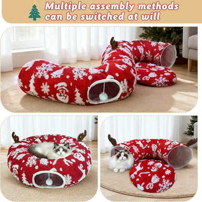 Cat Tunnel Bed for Indoor Cats, Soft Plush Donut Peekaboo Cat Cave, Multifunctional Playground Toy for Small Medium Large Cats, Kittens, Rabbits, Ferrets, with Washable Cushion (Christmas Red)