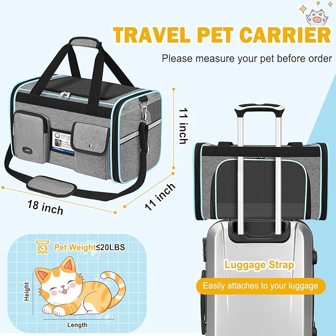 HUANLANG Soft-Sided Cat Carrier Airline Approved,Dog Carriers for Small Dogs Medium Cats,Pet Travel Carrier Up to 20 Lbs,Collapsible Cat Bag