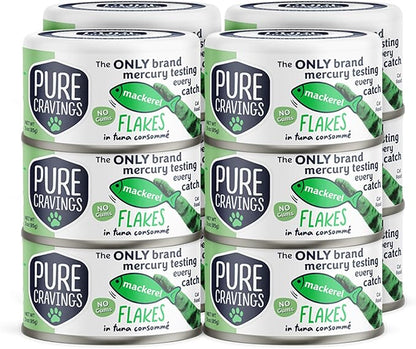 Pure Cravings Mackerel Flakes in Tuna Consommé, Canned Wet Cat Food Soup, 100% Mercury-Tested, Moist Can Fish, Grain-Free Protein, Non-GMO, 3oz, Pack of 12