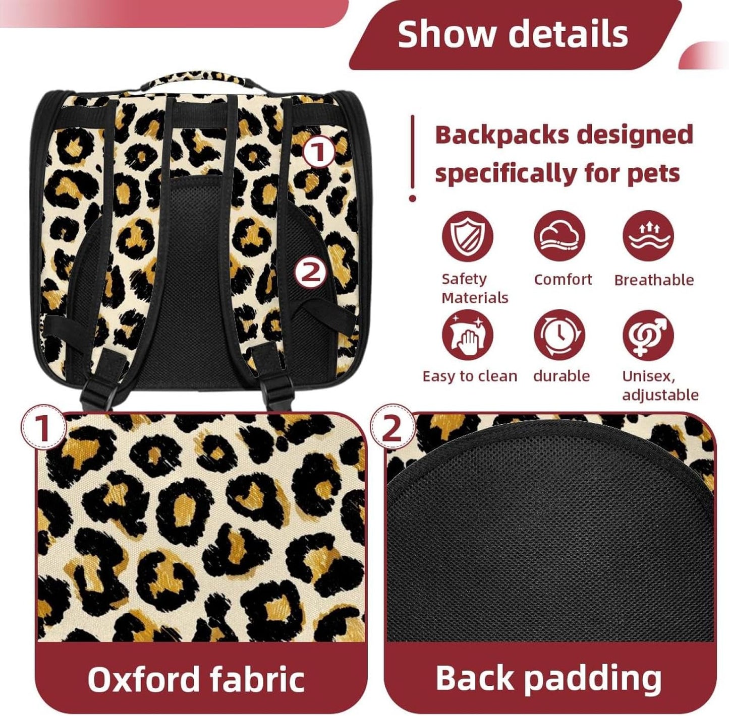 Modern Classic Leopard Print (1) Cat Backpack Carrier, Large Pet Backpack for Medium Small Dog Cat Puppy Kitty Bunny