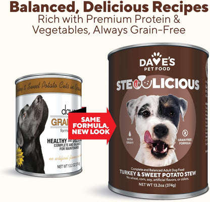 Dave's Pet Food Stewlicoius Grain Free Wet Dog Food (Turkey & Sweet Potato in Gravy), Made in USA Naturally Healthy Canned, Gluten Free Topper, 13.2 oz (12 Pack)