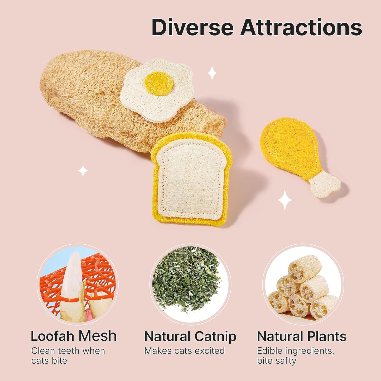 Potaroma Loofah Cat Chew Toys with Catnip and Silvervine, 3PCS Interactive Kitten Loofa Dental Teething and Biting Catnip Toys for Cat's Dental Cleaning, 3.2 Inches