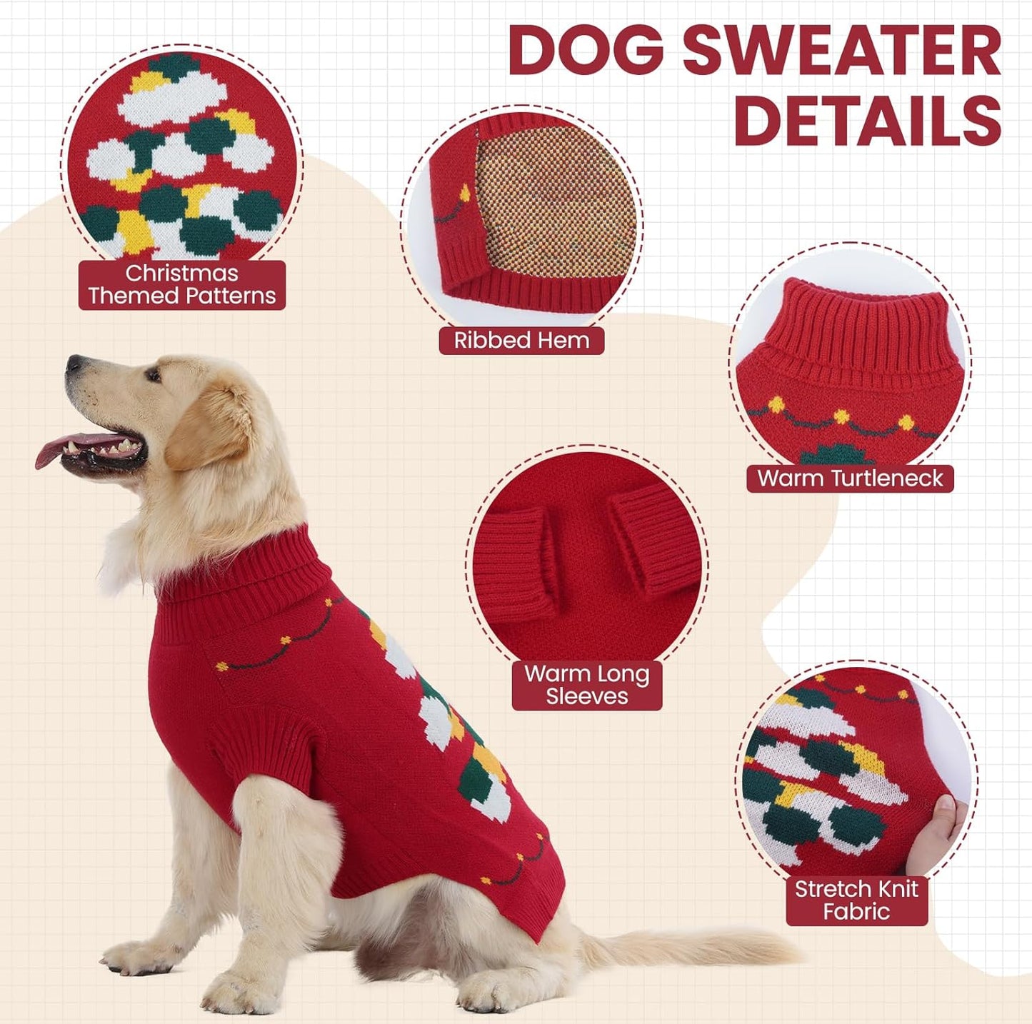 BRKURLEG Christmas Dog Sweaters for Cold Weather, Warm Turtleneck Sweaters, Medium Large Doggies Knitted Sweatshirt, Pet Xmas New Year Outfit for Beagle, Pitbull (Red, XL)