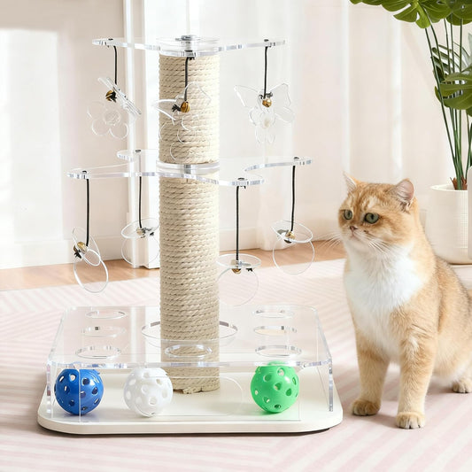 Modern 3-in-1 Interactive Cat Toy with Scratching Post, Cat Puzzle Toys for Indoor Cats with Colorful Jingle Balls, 2-Layer Spinning Teaser Disc with Dangling Toys, Acrylic, White
