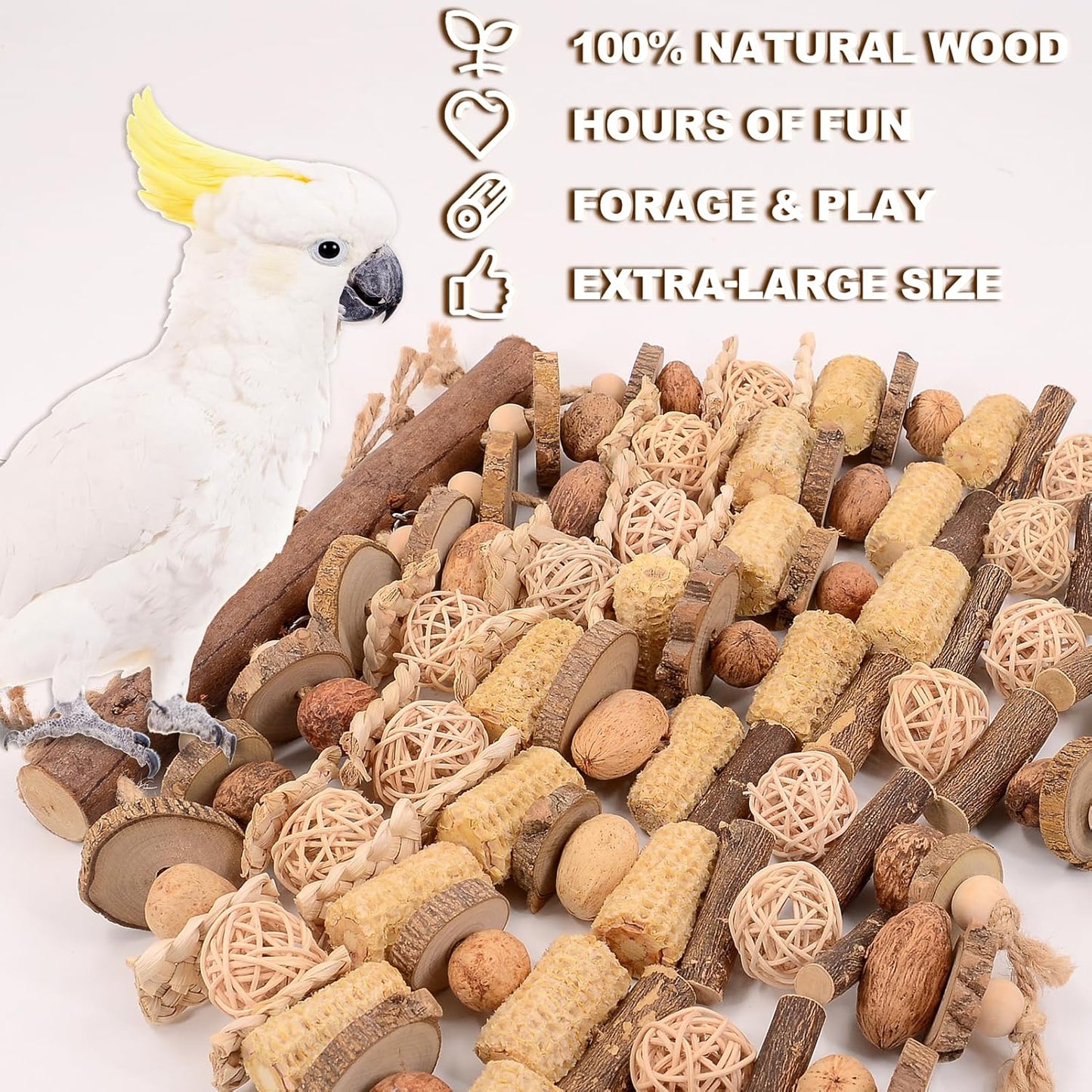 Extra Large Bird Macaw Chew Toys for Pets - Natural Wood - Heavy Duty Foraging and Destructive Play for Large Parrots - Bird Cage Accessories - for Macaw, Cockatoo, African Grey, Amazon Parrots