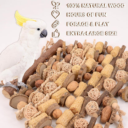 Extra Large Bird Macaw Chew Toys for Pets - Natural Wood - Heavy Duty Foraging and Destructive Play for Large Parrots - Bird Cage Accessories - for Macaw, Cockatoo, African Grey, Amazon Parrots
