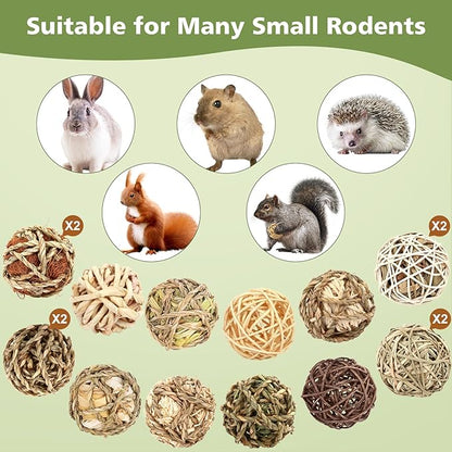 Bunny Chew Grass Balls, Rolling Chew Toys for Small Animals, Improving Dental Health, Natural Chew Grass Toys for Rabbits, Guinea Pigs, Chinchillas, Hamsters, Mice (16 Pcs)