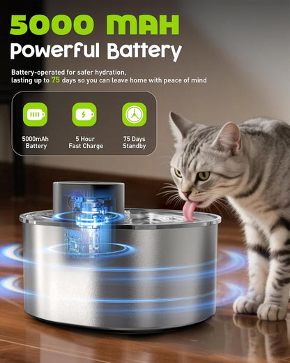 No Pump Cat Water Fountain, 3.2L/108oz Wireless Stainless Steel Pet Water Fountain, Cordless Automatic Dispenser, Battery Operated Cat Fountain with Motion Sensor, Dual Mode