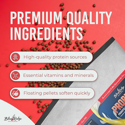 Blue Ridge Koi Fish Food 25lb - 3/16" Probiotic Plus for Goldfish and Ponds, Premium Fall and Winter Floating Pellets