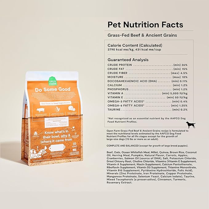 Open Farm, Ancient Grains Dry Dog Food, Protein-Rich & Nutrient Dense, 90% Animal Protein Mixed with Non-GMO Fruits, Veggies and Superfoods, Farmer's Table Pork Recipe, 11lb Bag