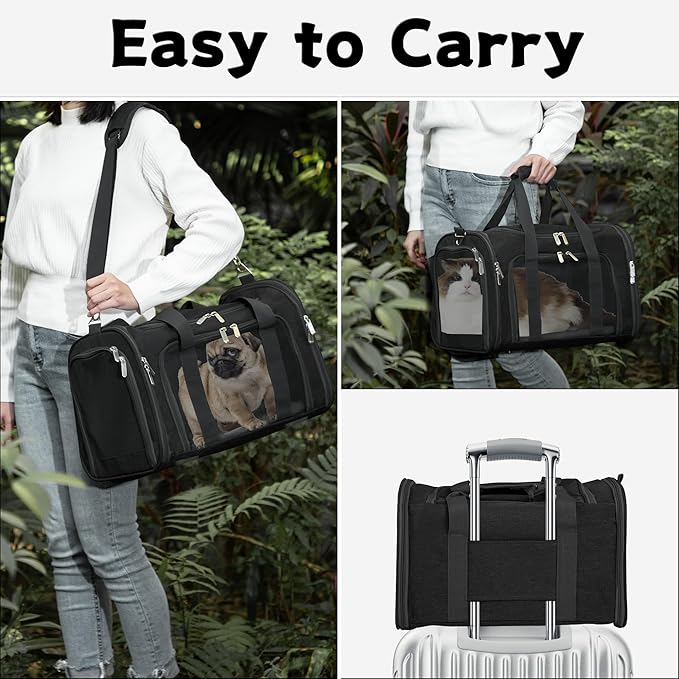 Soft-Sided Cat/Dog/Pet Carrier, Collapsible Pets Travel Carriers for Big Cats/Small Dogs with Shoulder Strap & Removable Mat, Mesh Puppy Carry Bag, Up to 16 Lbs, TSA Airline Approved(Black)