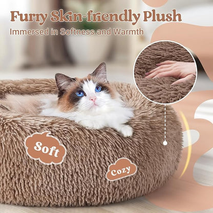 rabbitgoo Cat Beds for Indoor, 20 inches Machine Washable, Fluffy Round Pet Bed Non-Slip, Calming Soft Plush Donut Cuddler Cushion Self Warming for Small Dogs Kittens, Light Brown, Medium