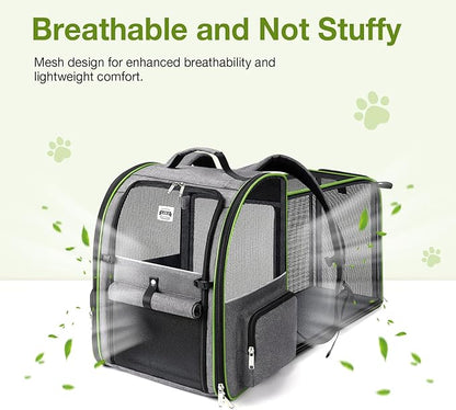 Lekebobor Large Cat Backpack Carrier Expandable Pet Carrier Backpack for Small Dogs Medium Cats Fit Up to 18 Lbs,Dogs Foldable Puppy Backpack Carrier for Travel, Hiking,Grey with Green Edge, XL