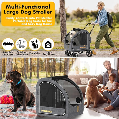 PAWZIDEA Large Dog Stroller with Detachable Carrier, Portable Dog Crate for Car Travel, Multiple Pet Strollers for Medium Dogs up to 80lbs, Adjustable Handle, All-Terrain 9” Wheels, Storage Organizer