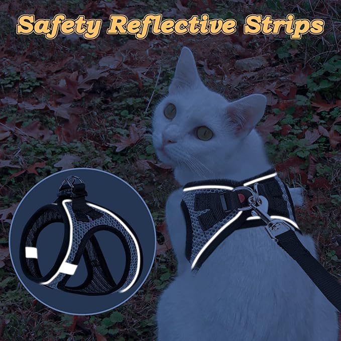 Cat Harness and Leash for Walking Escape Proof, Adjustable Kitten Vest Harness Reflective Soft Mesh Puppy Harness for Outdoor, Comfort Fit, Easy to Control (Gray, M)