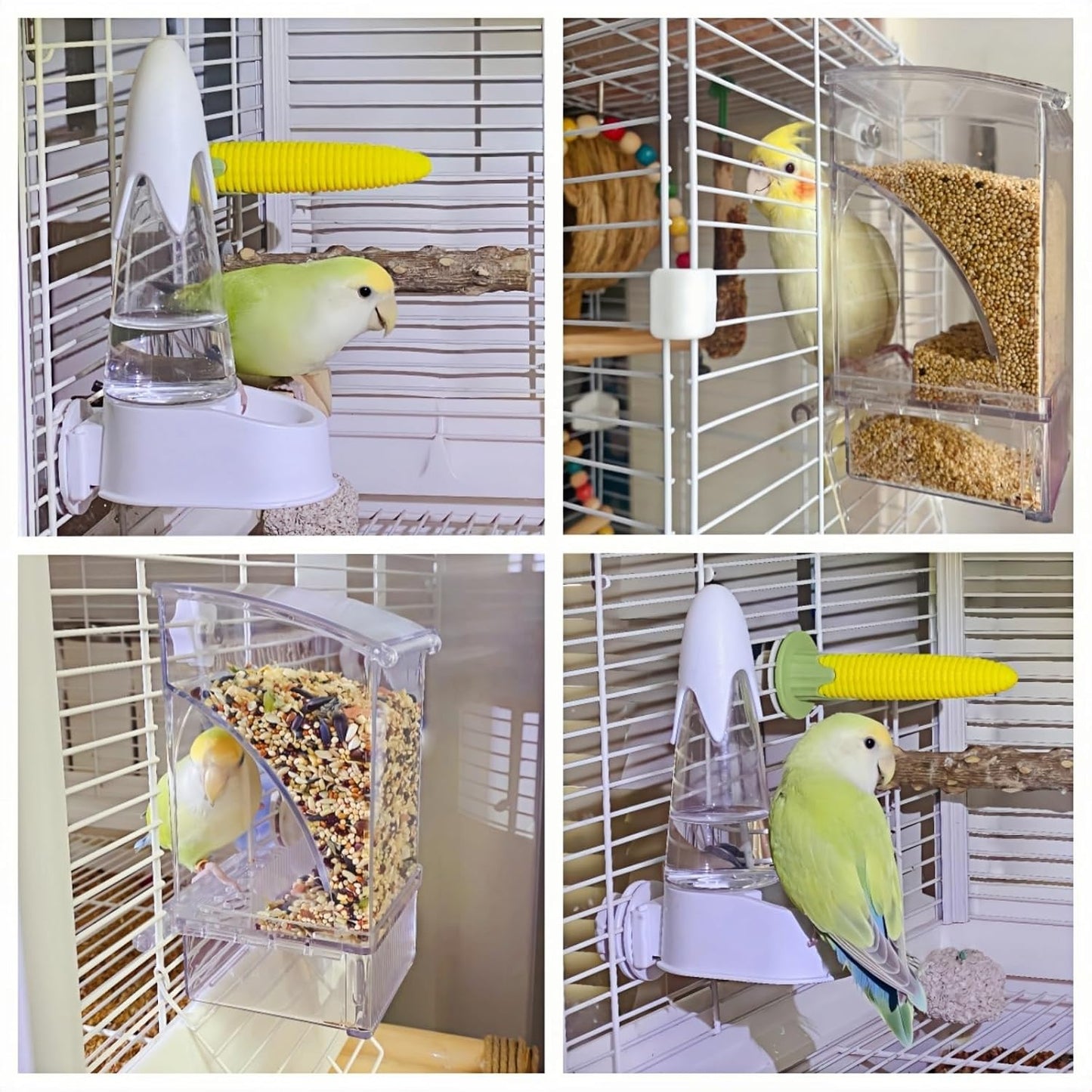 Automatic No Mess Bird Feeder and Water Dispenser Set, Acrylic Food Container and Drinker Bowl for Parrot Cage, Easy Clean Accessories for Parakeets Cockatiels Lovebirds and Other Small Pets