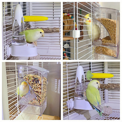 Automatic No Mess Bird Feeder and Water Dispenser Set, Acrylic Food Container and Drinker Bowl for Parrot Cage, Easy Clean Accessories for Parakeets Cockatiels Lovebirds and Other Small Pets