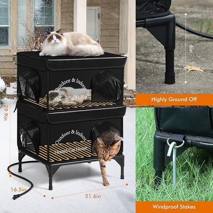 2 Story Heated Cat House for Outside, 100% Waterproof, Safe Escape Door, Elevated Base, Weatherproof Insulated Shelter for Stray Feral Barn Cat