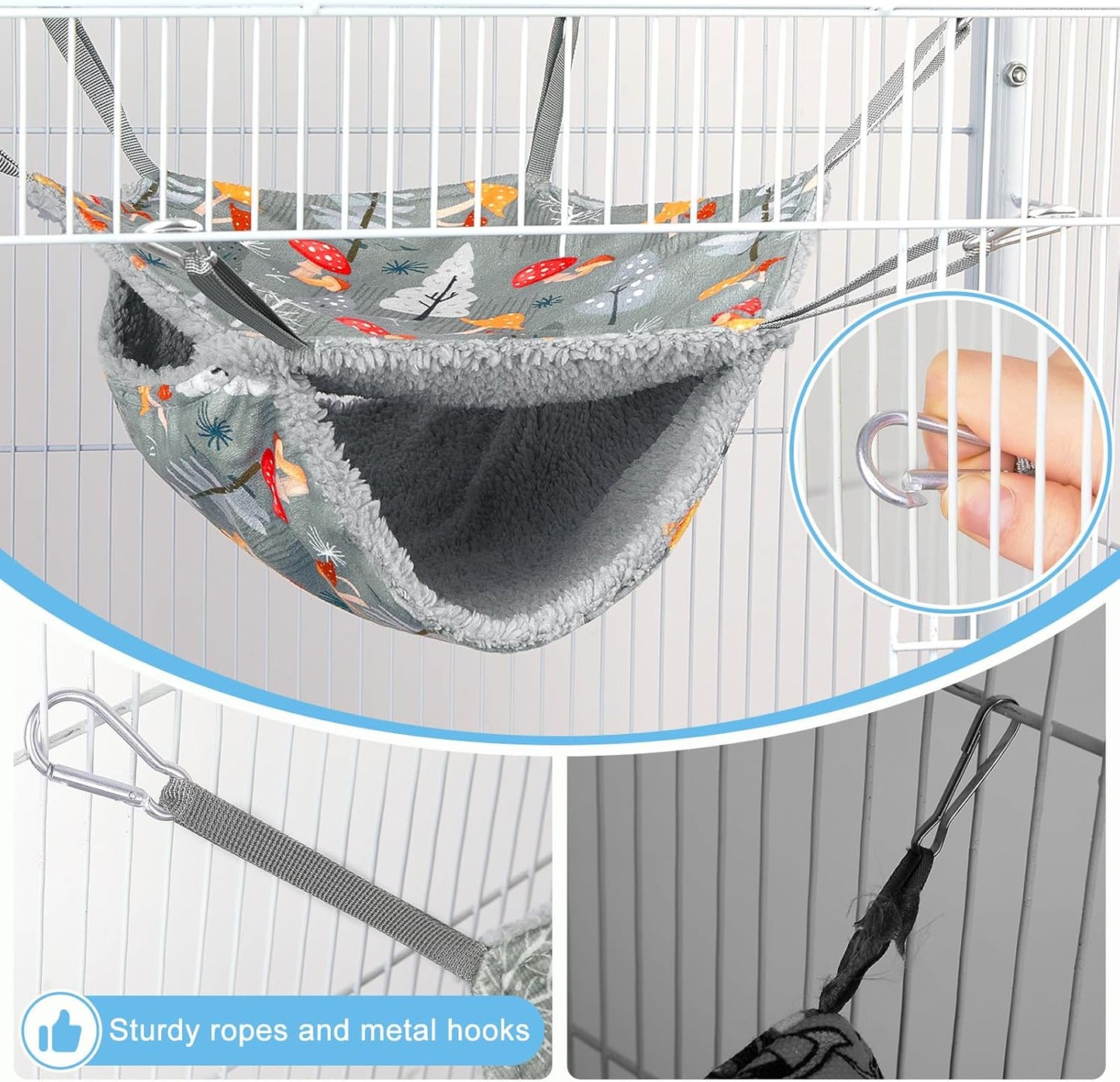 Bienbee 2 Pcs Ferret Rat Hammock Set for Cage Washable Guinea Pig Hideout Bed Soft Small Animal Hammock Tunnel Toys Ferret Cage Accessories for Hedgehog Sugar Glider Squirrel Hamster, Grey Mushroom