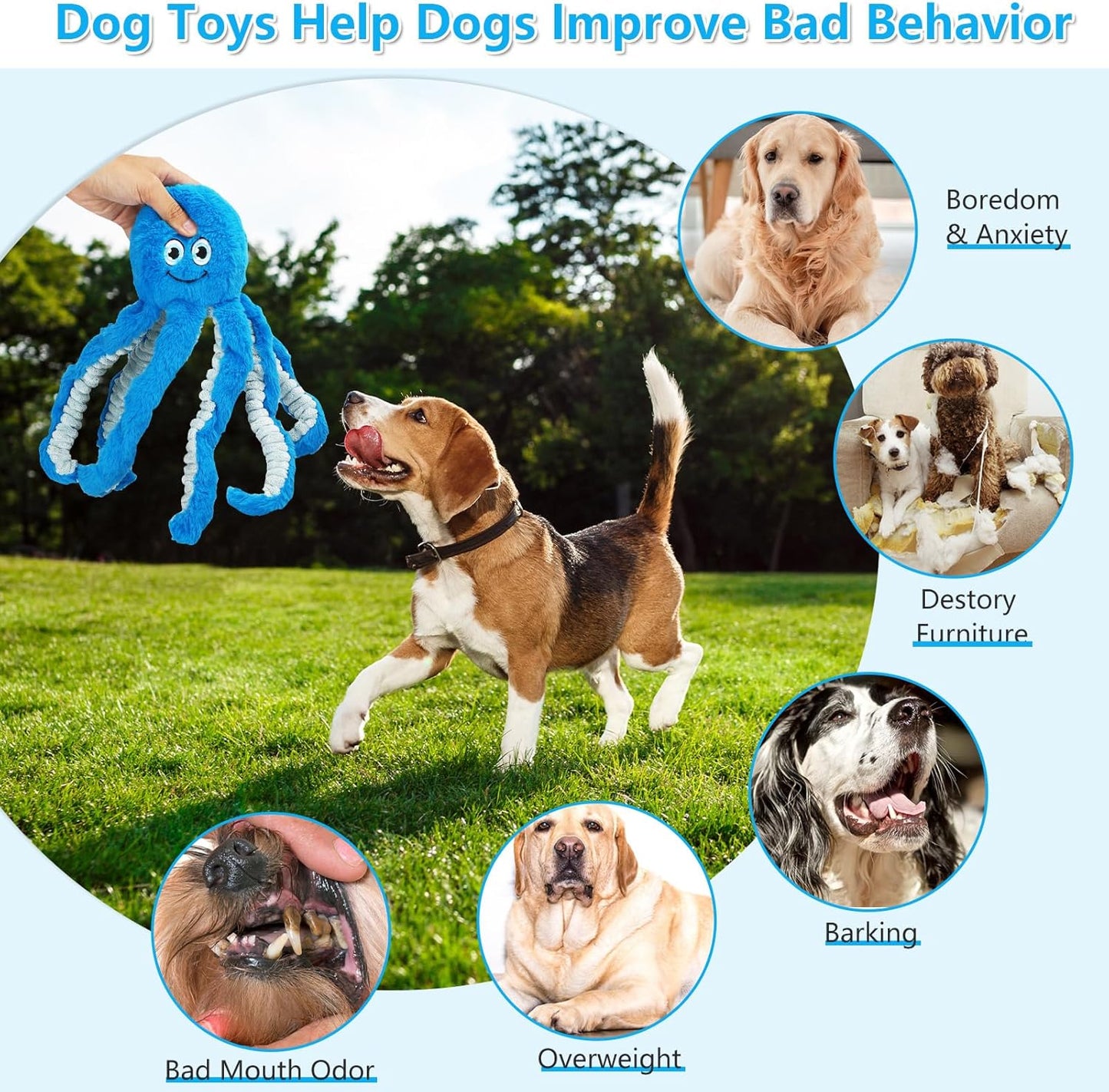 Dog Toys with Crinkle Paper- Octopus Stuffed Dog Squeak Toy Interactive Tug of War Puppy Toys for Small, Medium, Large Dogs