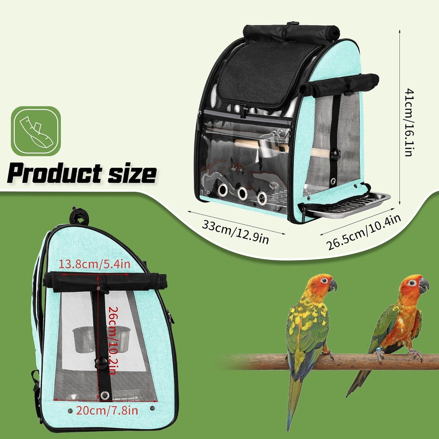 Sanmoncare Bird Carrier Backpack with Stainless Steel Mesh, Parrot Travel Cage with Stand, Easy to Clean, Portable Conures Travel Bag, Pet Breathable Travel Cage