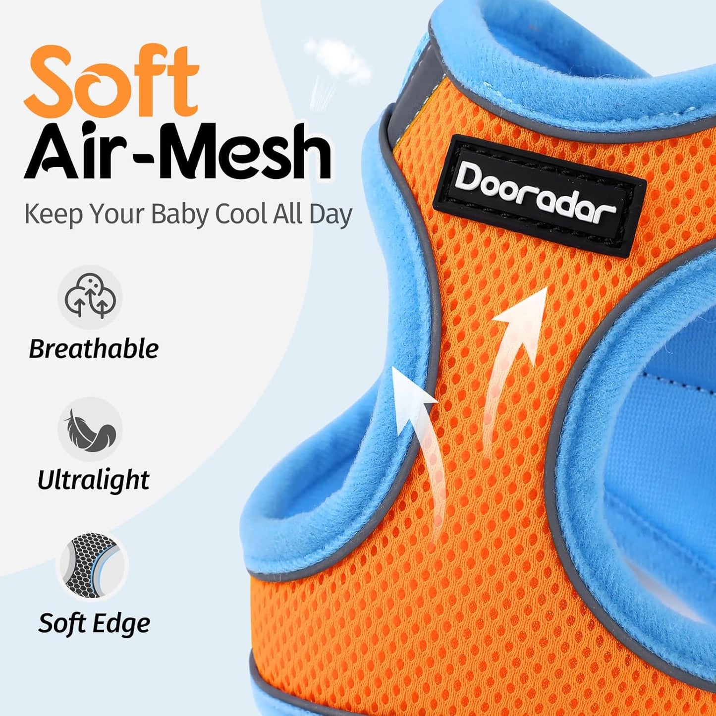 Dooradar Cat Harness and Leash Set, Escape Proof Lightweight Kitten Harness, Soft Breathable Reflective Vest for Outdoor Walking Traveling, Adjustable for Medium Cats, Orange & Blue, M