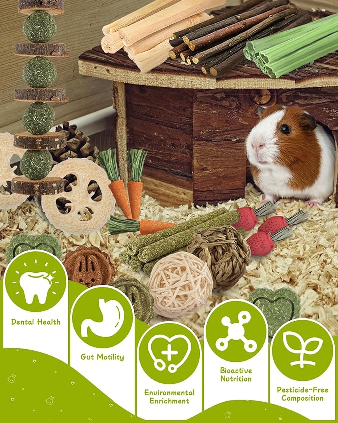 40 PCS Rabbit Chew Toys for Teeth, Natural Bunny Chew Toys Carrot, Strawberry, Timothy Grass Cake, Sweet Bamboo, Apple Sticks for Hamsters, Guinea Pigs and Chinchilla for Dental Care & Relieve Boredom