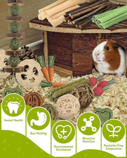 40 PCS Rabbit Chew Toys for Teeth, Natural Bunny Chew Toys Carrot, Strawberry, Timothy Grass Cake, Sweet Bamboo, Apple Sticks for Hamsters, Guinea Pigs and Chinchilla for Dental Care & Relieve Boredom