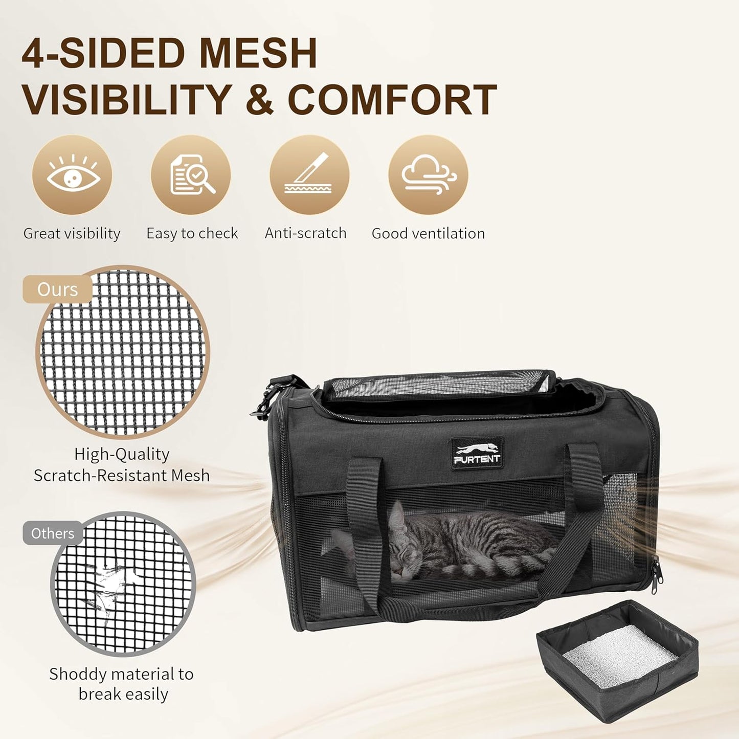 TSA Approved Pet Carrier in Cabin with Foldable Litter Box for Kittens and Small Dogs Fits Pets Up to 15 lbs, Animal Rabbit Puppy Soft Pet Carrier Portable Airline Approved, Travel for Comfort, Black