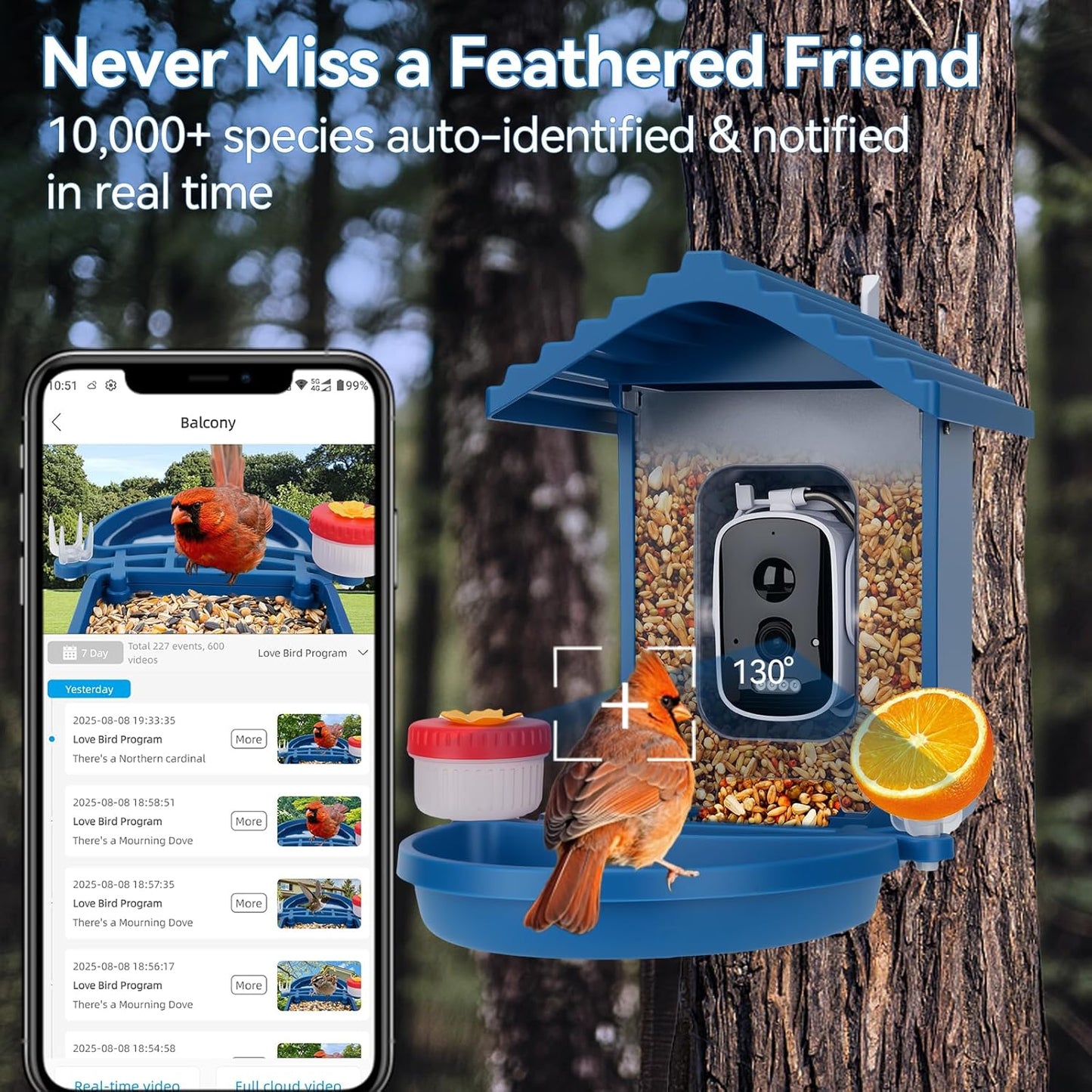 Bird Feeder with Camera Solar Powered,2.5K HD Video Bird House Live View,Smart AI Bird Species Identification for Outside Garden,Birds Bath,Ideal Gift for Birds Lover,Hummingbird (Blue)
