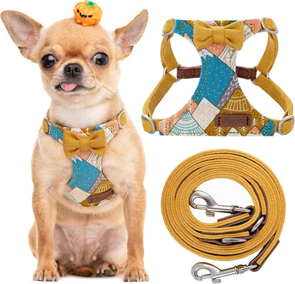 Puppytie No Pull xs Dog Harness with Multifunction Dog Leash,Soft Adjustable No Choke Escape Proof Pet Harness Vest,Suede Bow Yellow,XXS