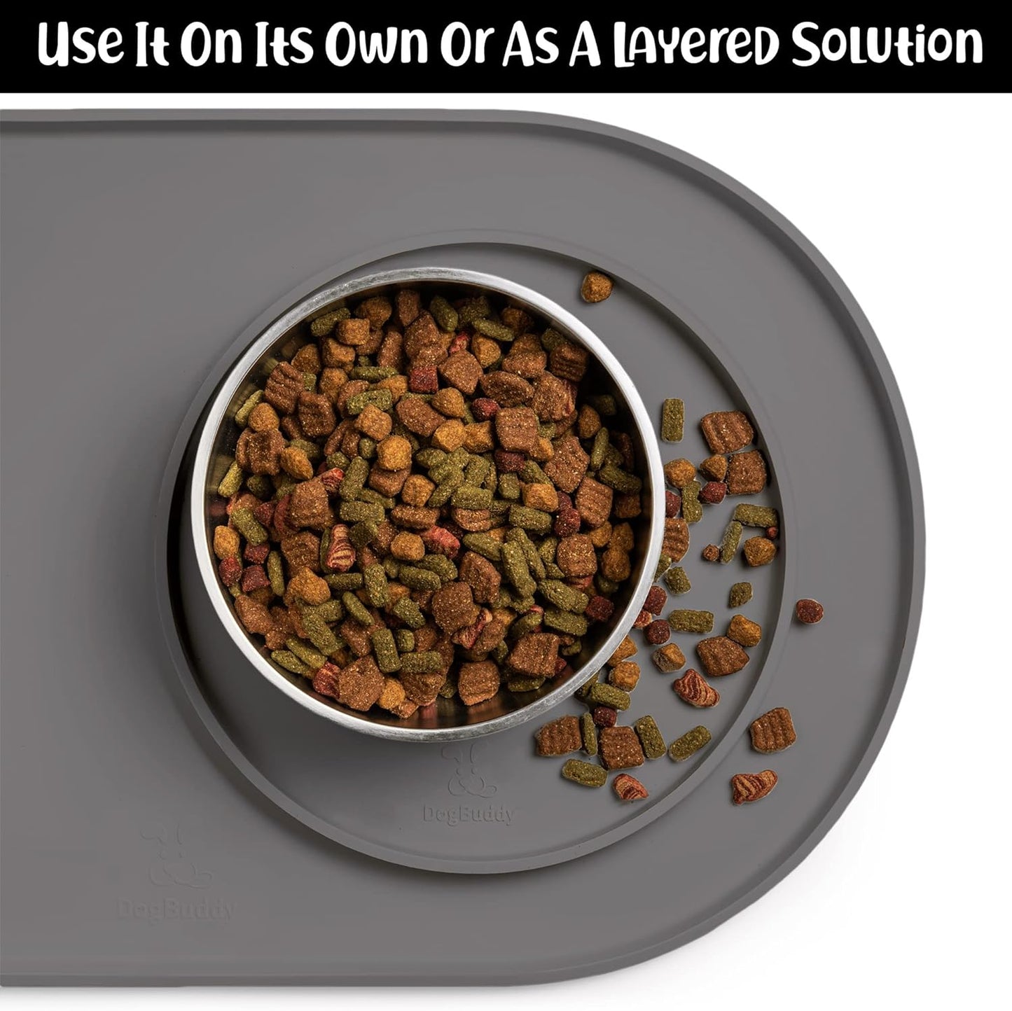 DogBuddy Dog Food Mat - Waterproof Dog Bowl Mat, Silicone Pet Mat for Food and Water Bowls, Nonslip Pet Feeding Mat with Edges, Dogs Food Mats for Floors, Puppy Supplies (XS, Gray)