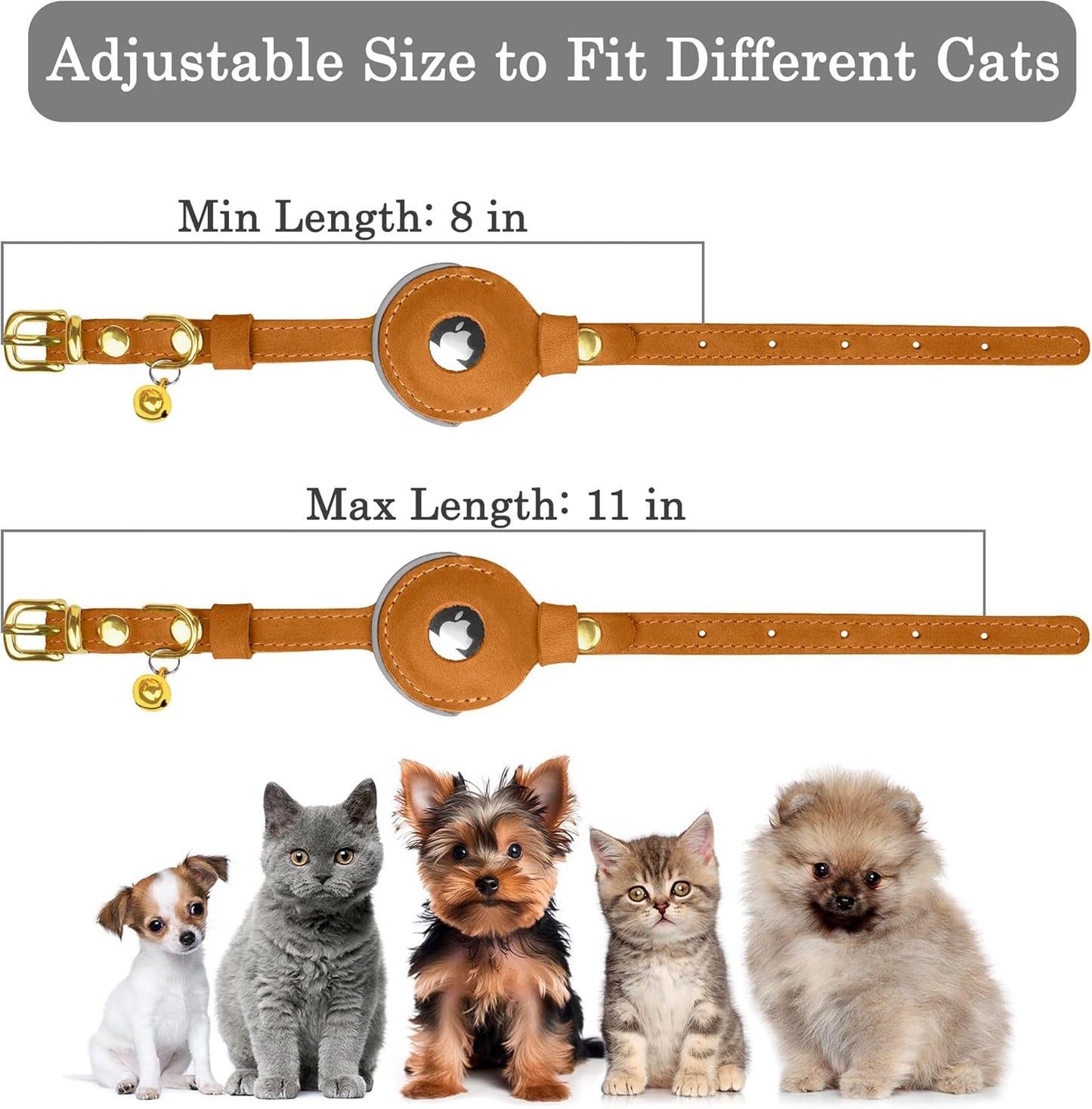 OOPSDOGGY Reflective Leather AirTag Cat Collar with Bell - Non Breakaway Adjustable Pet Collar with Apple Air Tag Holder - Lightweight GPS Kitten Collars for Small Dogs Puppy (Camel)