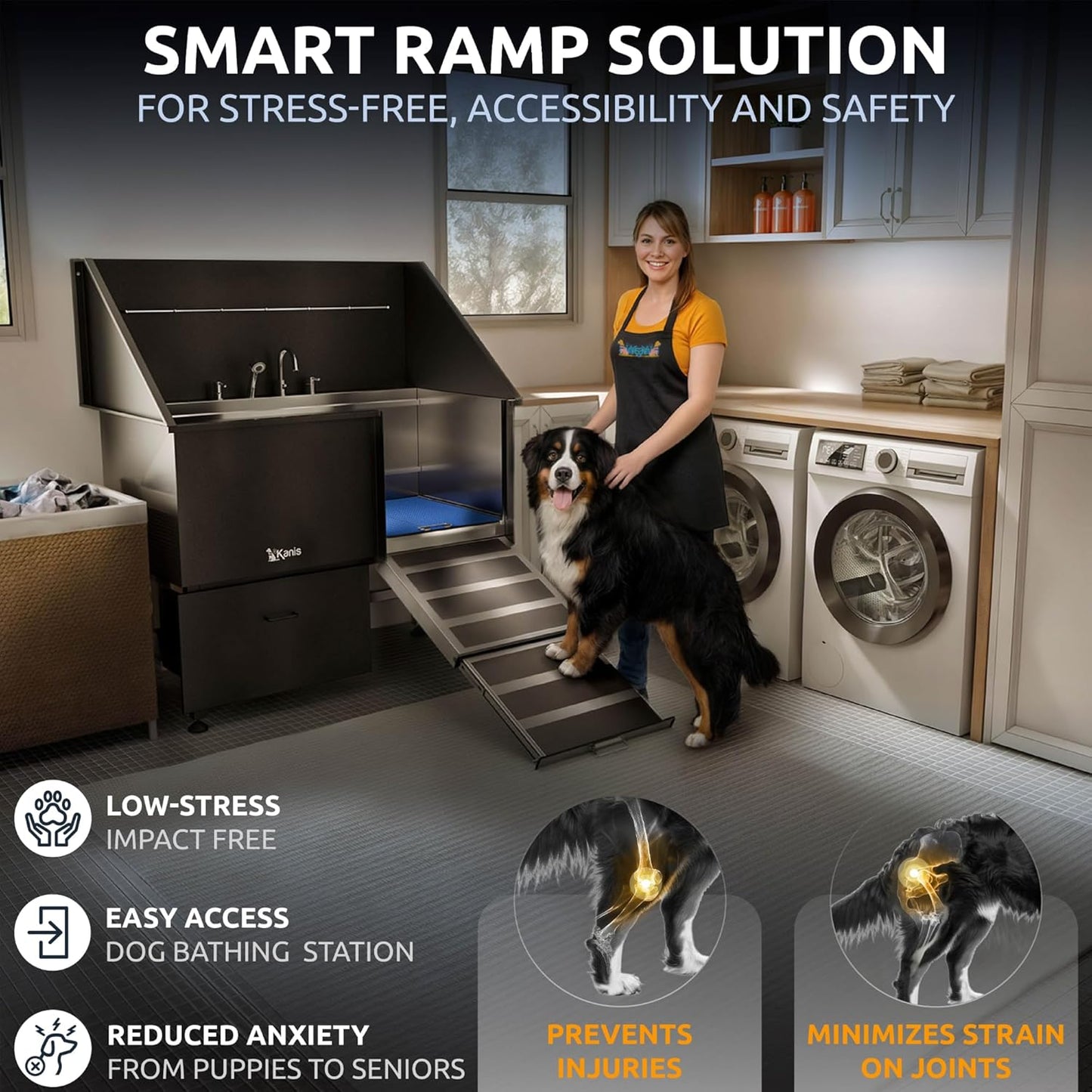 KANIS Black Line Professional Dog Washing Station - 304 Stainless Steel Pet Wash Sink & Grooming Bathtub w/Shower, Floor Grates and Storage for Large, Medium & Small Pets (50", 1 Drawer - Right Ramp)