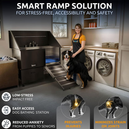 KANIS Black Line Professional Dog Washing Station - 304 Stainless Steel Pet Wash Sink & Grooming Bathtub w/Shower, Floor Grates and Storage for Large, Medium & Small Pets (50", 1 Drawer - Right Ramp)