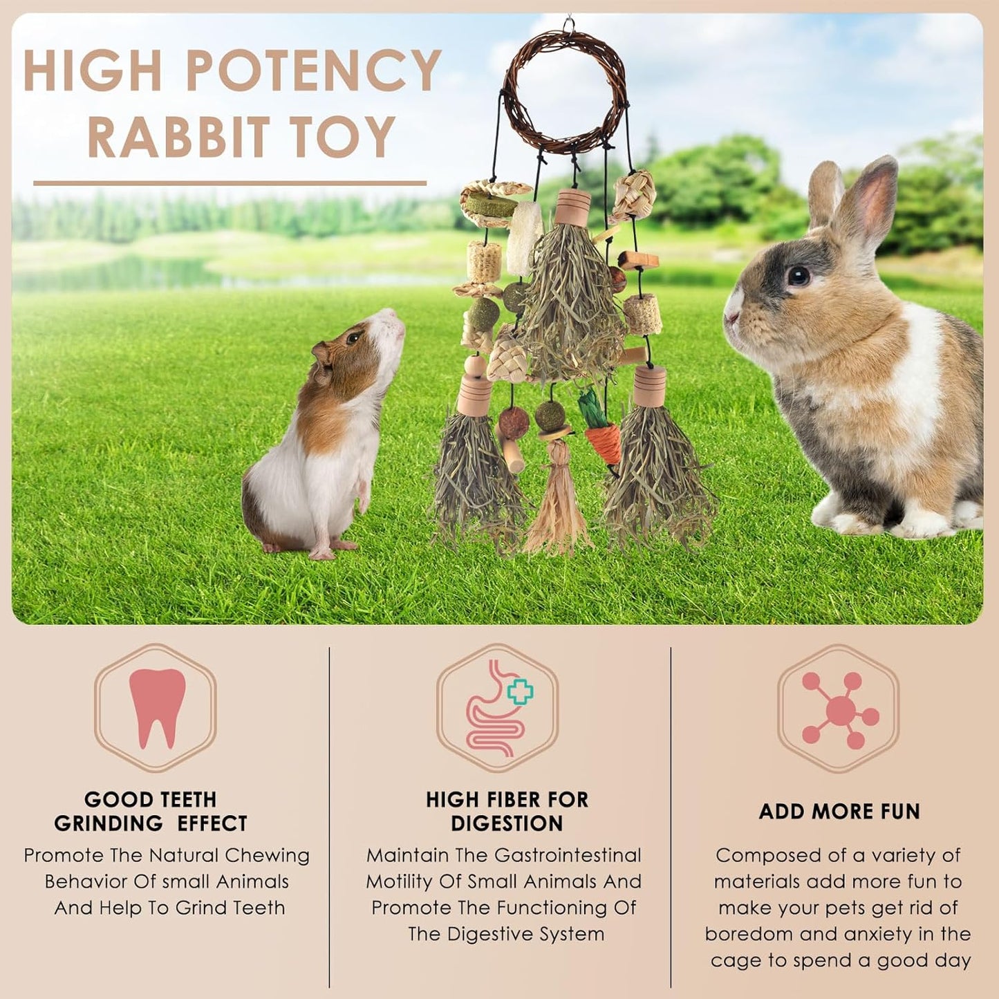 Bissap Bunny Chew Toy, Rabbits Cage Hanging Timothy Hay Chew Toys and Treats Rattan Ring with Snacks for Guinea Pigs Chinchillas Hamsters Rats and Other Small Pets Teeth Grinding