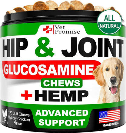 Vet Promise Hemp Hip and Joint Support Supplement for Dogs - Glucosamine for Dogs - Hemp Oil, MSM, Chondroitin - Support for Joint Pain Relief and Health - 120 Soft Chews - Made in USA