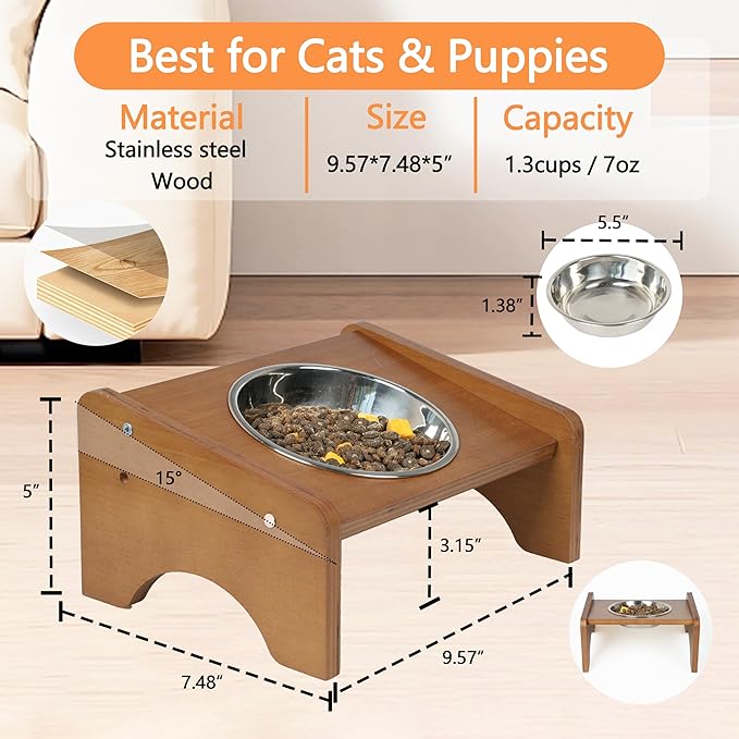 Elevated Stainless Steel Raised Food and Water Bowls, 15 Tilted Anti Vomiting, Dishwasher Safe, Non-Slip, Suitable for Cats and Puppies (Brown) - 2 Pack