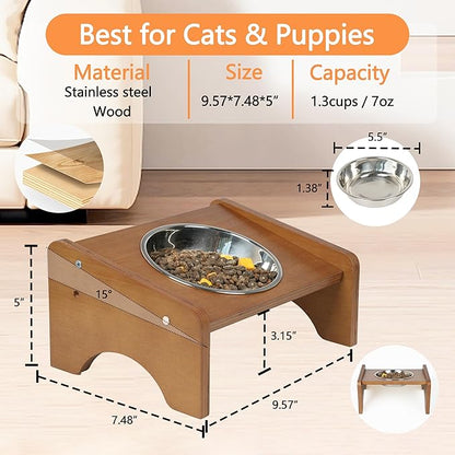 Elevated Stainless Steel Raised Food and Water Bowls, 15 Tilted Anti Vomiting, Dishwasher Safe, Non-Slip, Suitable for Cats and Puppies (Brown) - 2 Pack