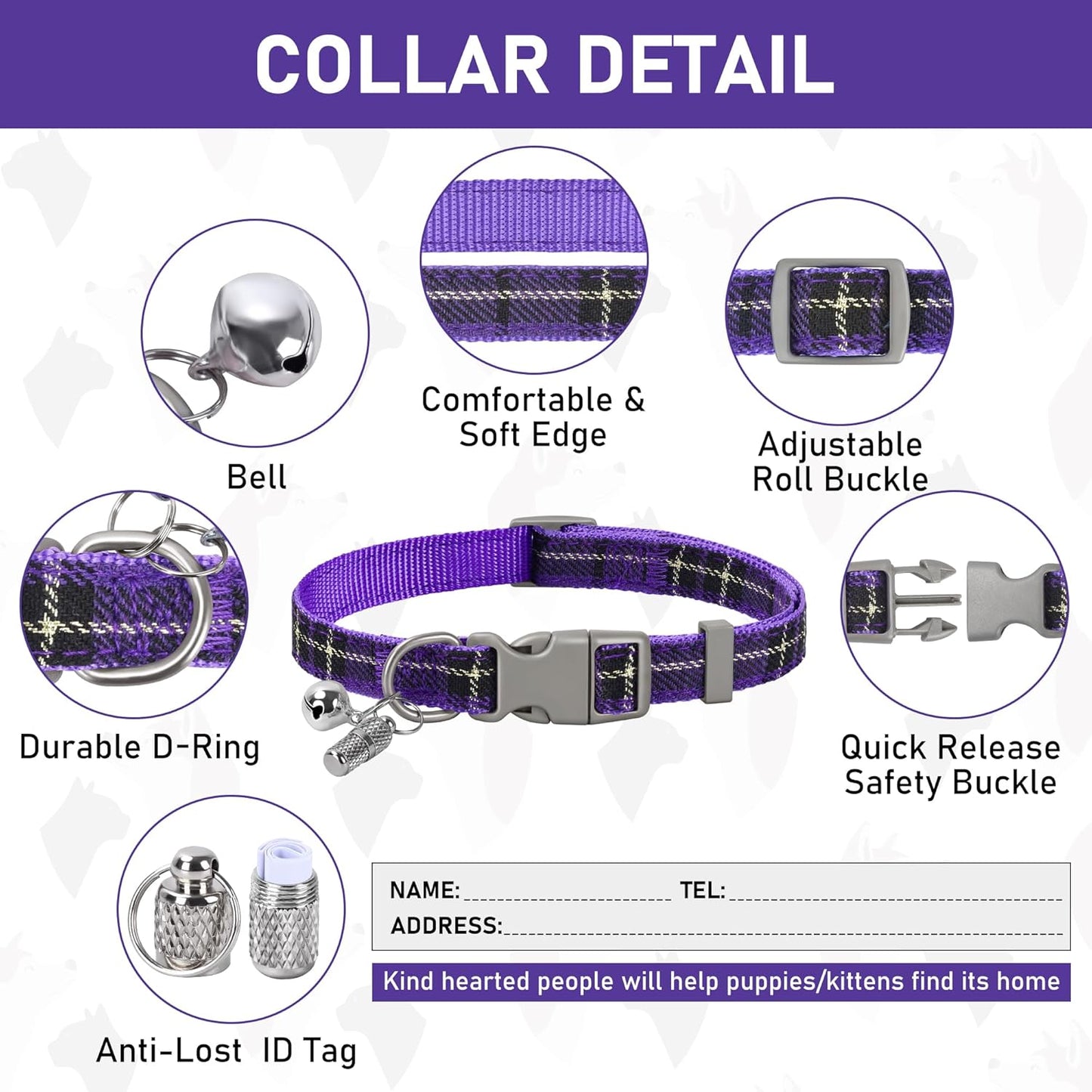 GAMUDA Small Dog Harness Collar and Leash Set, Step in No Chock No Pull Soft Mesh Adjustable Dog Vest Harnesses Plaid Reflective for Dogs Puppy Cats Kitten Rabbit (Purple, S)