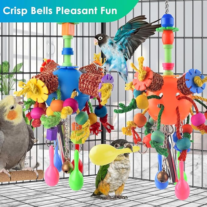 KATUMO Bird Toys, 2PCS Parakeet Foraging Shredder Hanging Toys with Sola Balls Sand Hammer, Parrot Ball Treats for Conure Mini Macaw Cockatiel Lovebird Small-Medium Birds