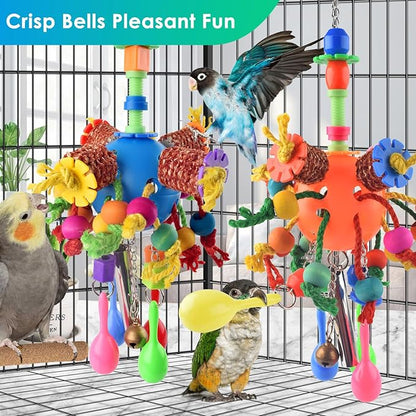 KATUMO Bird Toys, 2PCS Parakeet Foraging Shredder Hanging Toys with Sola Balls Sand Hammer, Parrot Ball Treats for Conure Mini Macaw Cockatiel Lovebird Small-Medium Birds