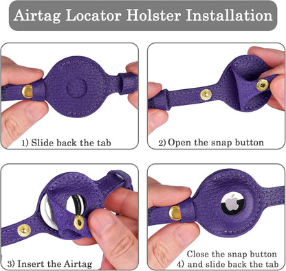 OOPSDOGGY Leather AirTag Cat Collar with Bell - Non Breakaway Kitten Collar with Apple Air Tag Holder - Lightweight GPS Pet Collars for Girl Boy Cats, Small Dogs, Puppies (Purple)