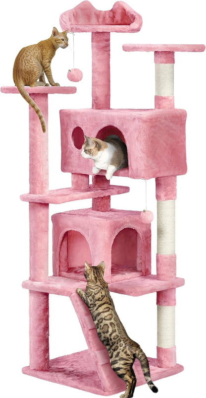 Yaheetech 62in Cat Tree Tower for Indoor Cats, Kitten Furniture with Double Condo, Scratching Posts, Multiple Platforms and Balls for Kitty, Pink