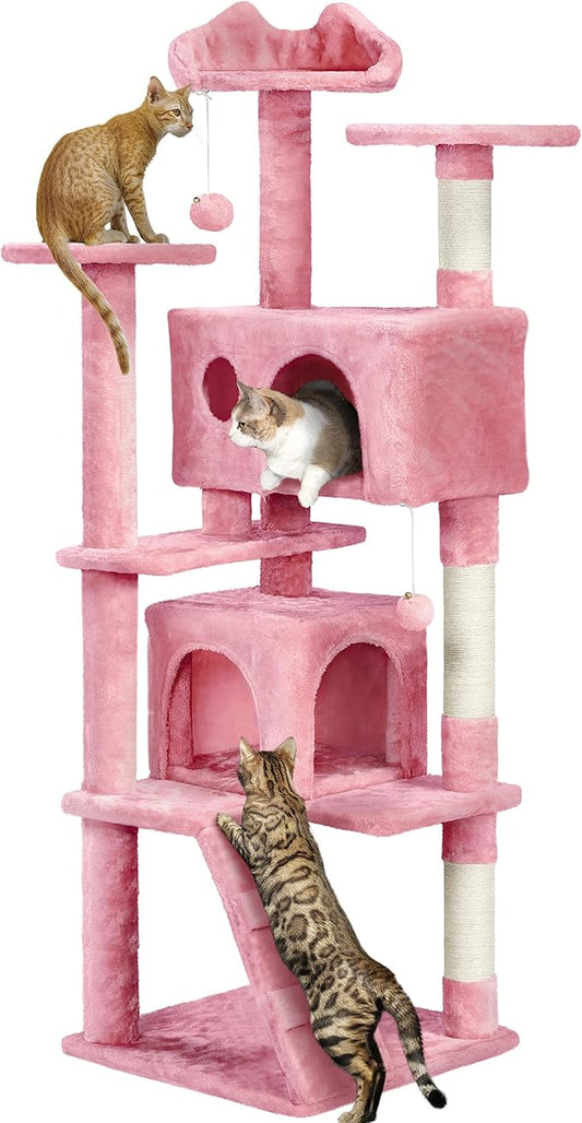Yaheetech 62in Cat Tree Tower for Indoor Cats, Kitten Furniture with Double Condo, Scratching Posts, Multiple Platforms and Balls for Kitty, Pink