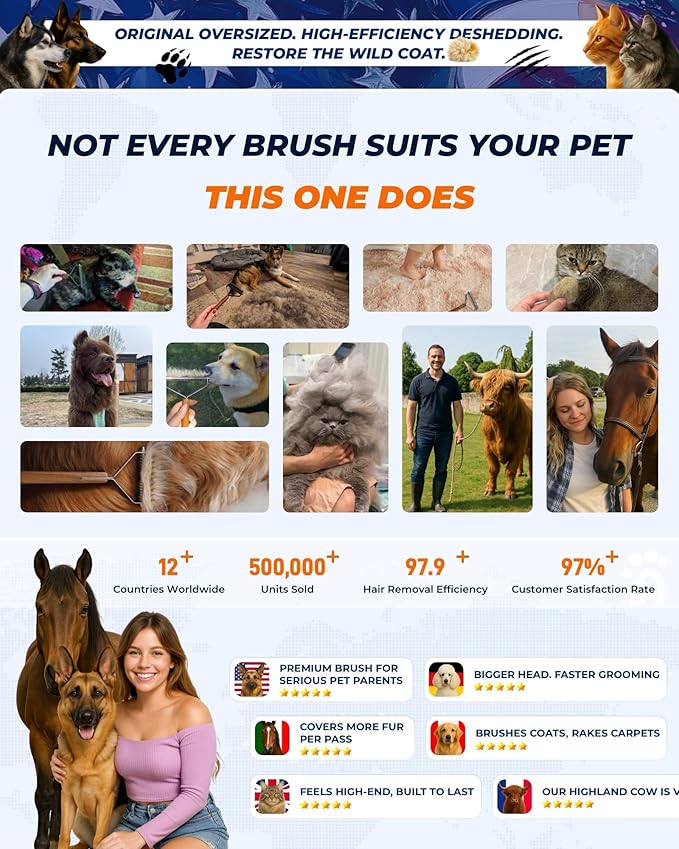 Extra Large 2-Sided Undercoat Rake for Dogs & Cats, Dog Brush for Shedding Remove Mats, Dematting Comb, Safe&Gentle Grooming Brush for German Shepherds Medium to Long-Haired Pets,Premium Wooden Handle