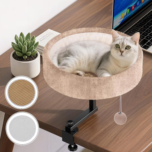 Cat Desk Bed - 360° Rotating & Adjustable, Supports 44 lbs, Soft Faux Fur with Dual-Sided Reversible Mat, Modern Indoor Cat Nest Furniture for Office Desks and Game Tables, Island Table
